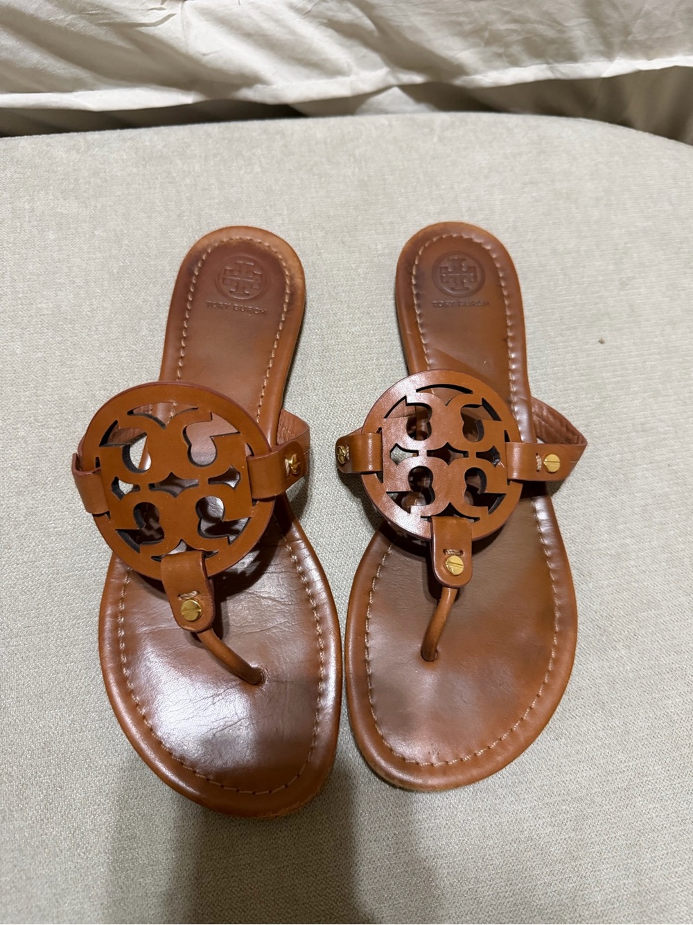 Tory Burch Brown Leather Logo Thong Sandals